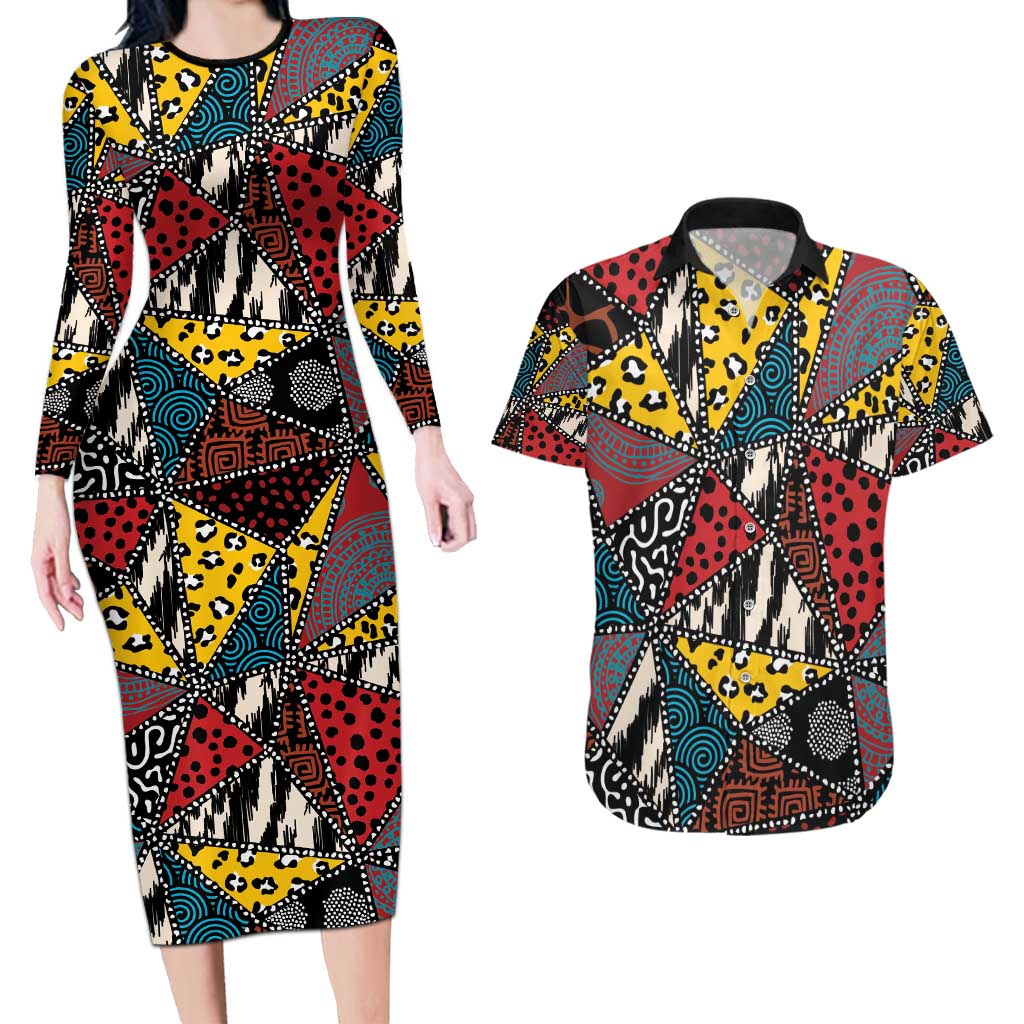 Wild Animal Skins Couples Matching Long Sleeve Bodycon Dress and Hawaiian Shirt Triangles Pattern Afro Pattern Style - Wonder Print Shop