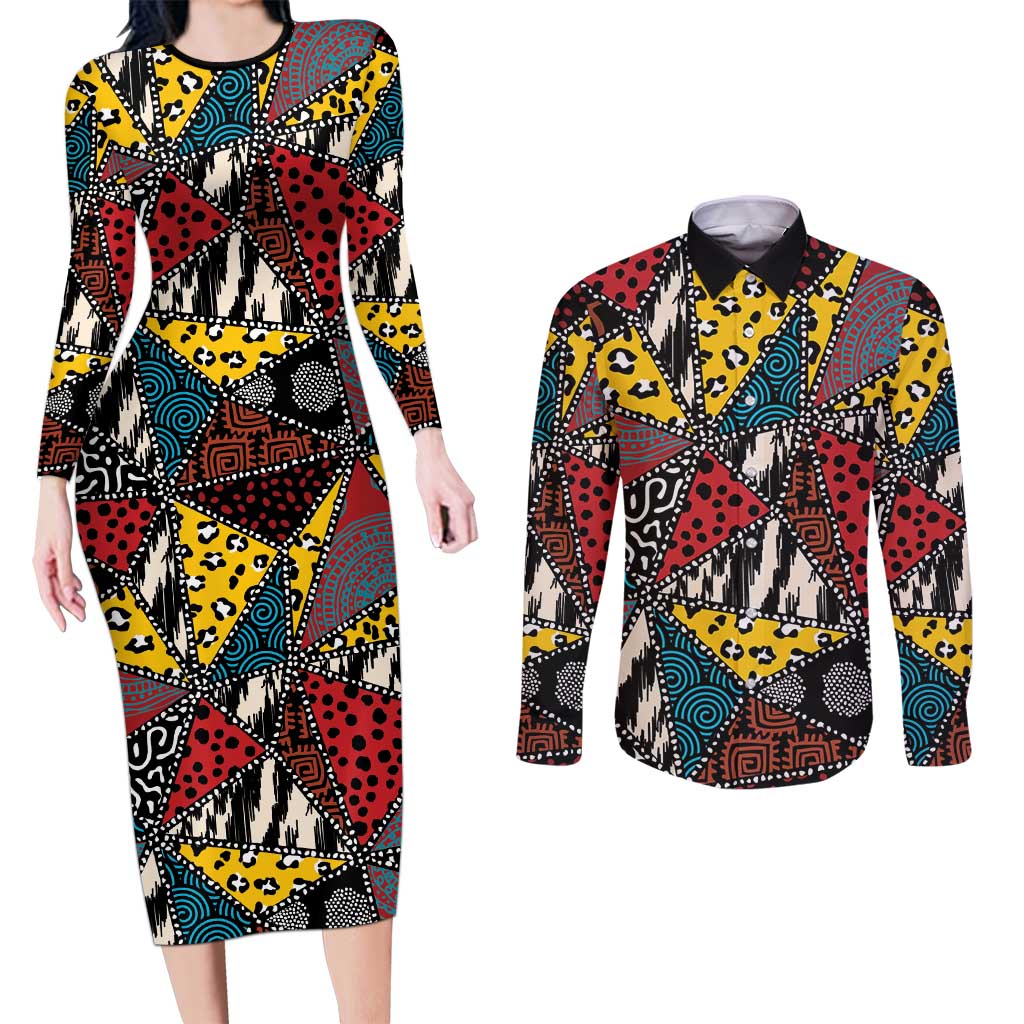 Wild Animal Skins Couples Matching Long Sleeve Bodycon Dress and Long Sleeve Button Shirt Triangles Pattern Afro Pattern Style - Wonder Print Shop