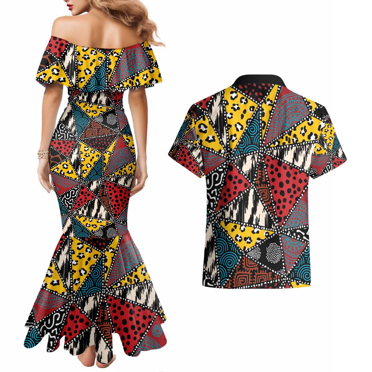 Wild Animal Skins Couples Matching Mermaid Dress and Hawaiian Shirt Triangles Pattern Afro Pattern Style - Wonder Print Shop