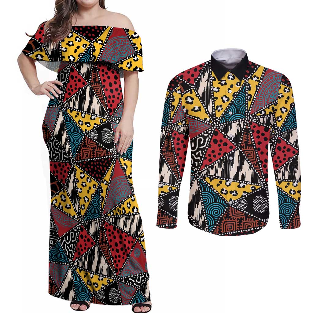 Wild Animal Skins Couples Matching Off Shoulder Maxi Dress and Long Sleeve Button Shirt Triangles Pattern Afro Pattern Style - Wonder Print Shop