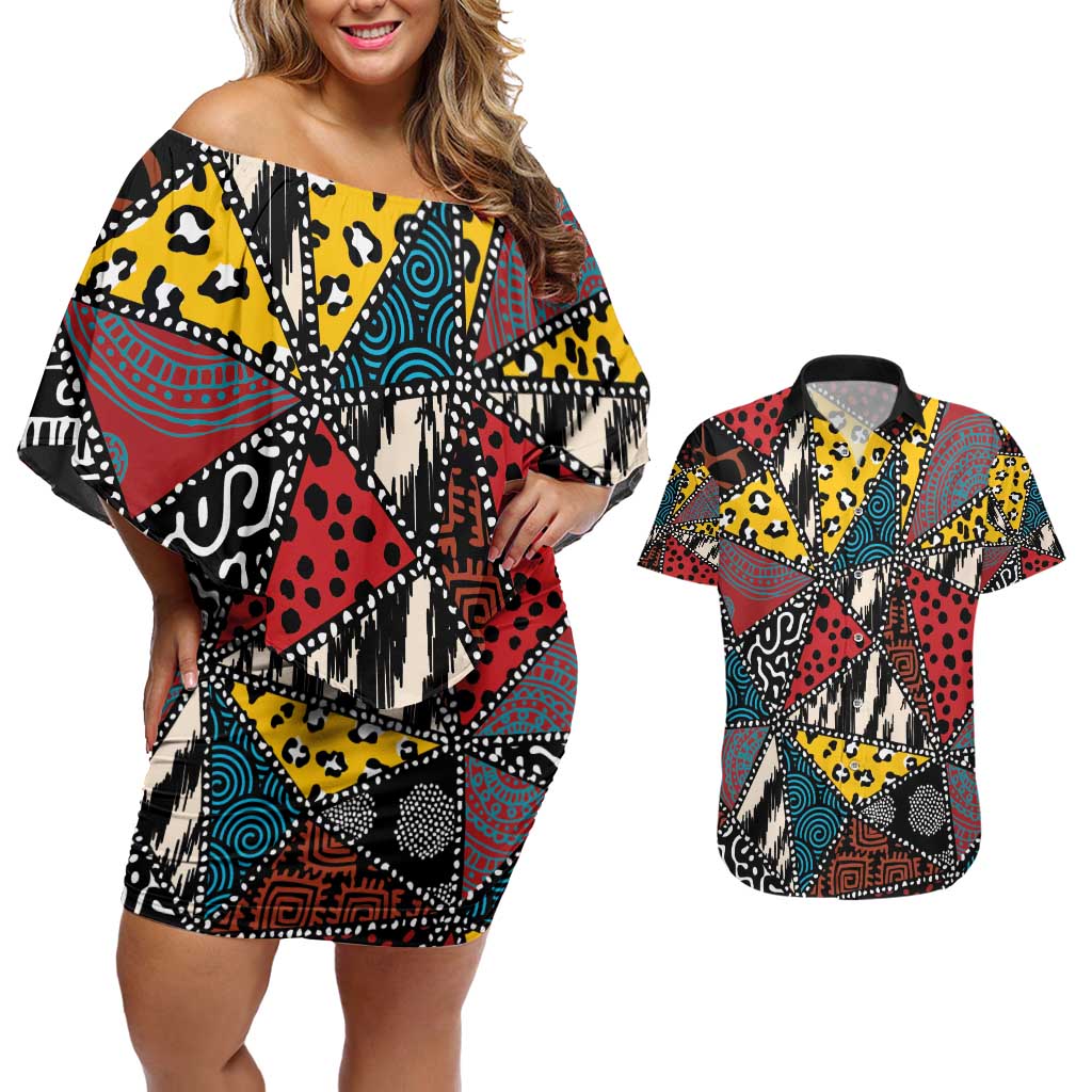 Wild Animal Skins Couples Matching Off Shoulder Short Dress and Hawaiian Shirt Triangles Pattern Afro Pattern Style - Wonder Print Shop