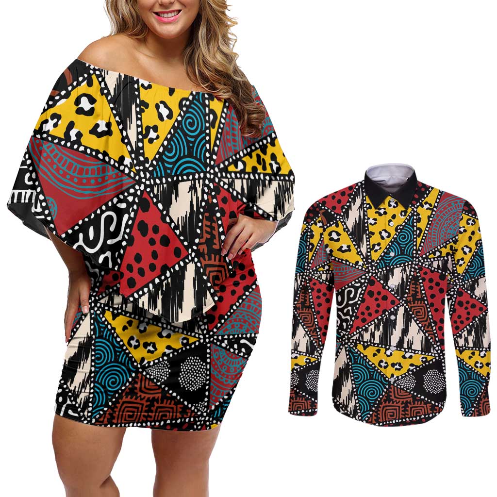 Wild Animal Skins Couples Matching Off Shoulder Short Dress and Long Sleeve Button Shirt Triangles Pattern Afro Pattern Style - Wonder Print Shop