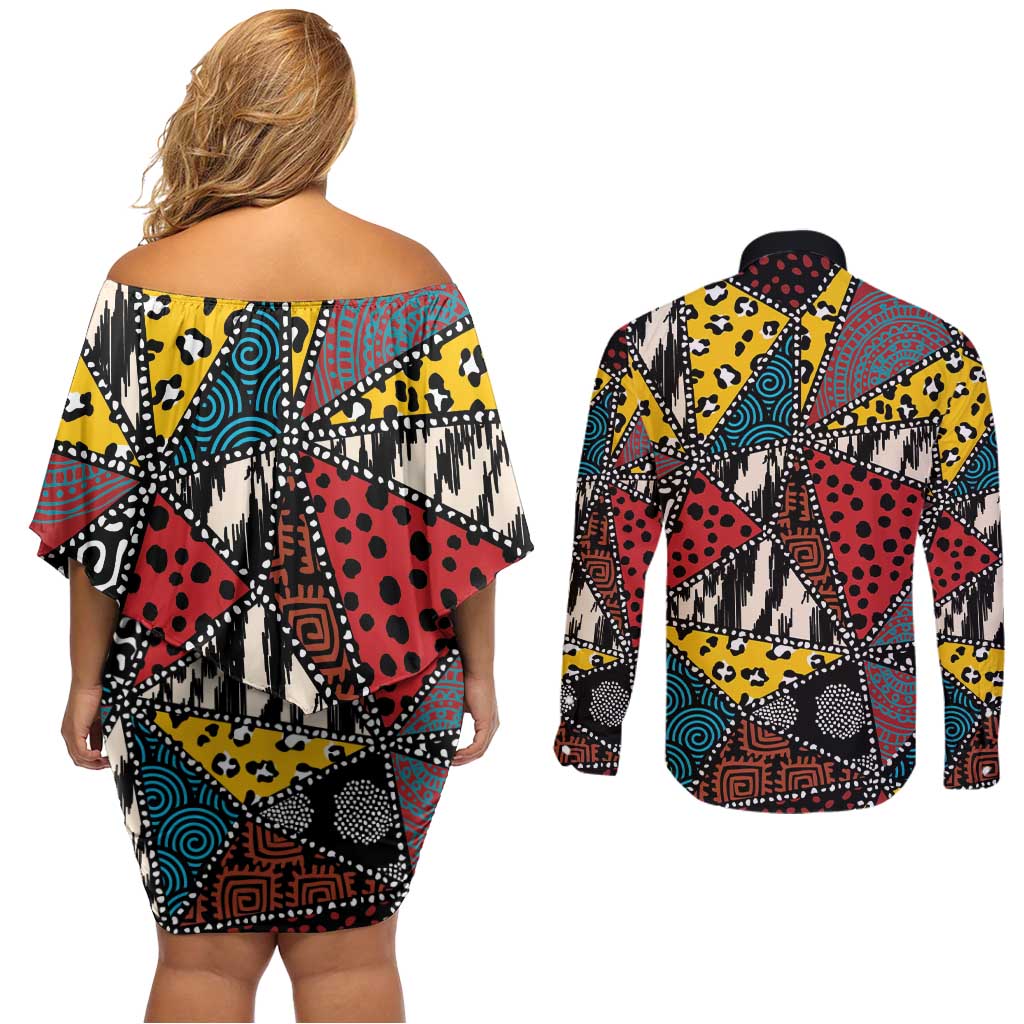 Wild Animal Skins Couples Matching Off Shoulder Short Dress and Long Sleeve Button Shirt Triangles Pattern Afro Pattern Style - Wonder Print Shop