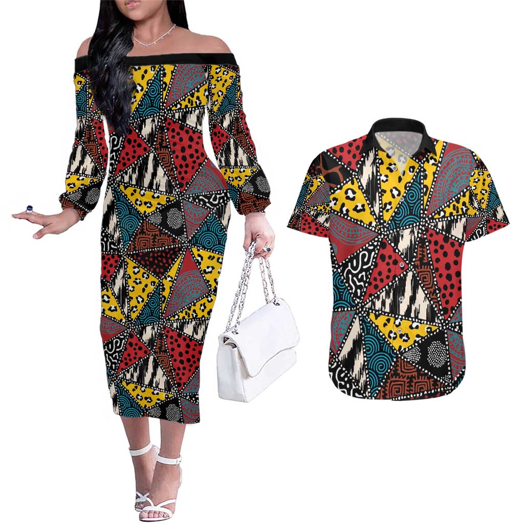 Wild Animal Skins Couples Matching Off The Shoulder Long Sleeve Dress and Hawaiian Shirt Triangles Pattern Afro Pattern Style - Wonder Print Shop