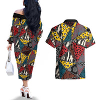 Wild Animal Skins Couples Matching Off The Shoulder Long Sleeve Dress and Hawaiian Shirt Triangles Pattern Afro Pattern Style - Wonder Print Shop