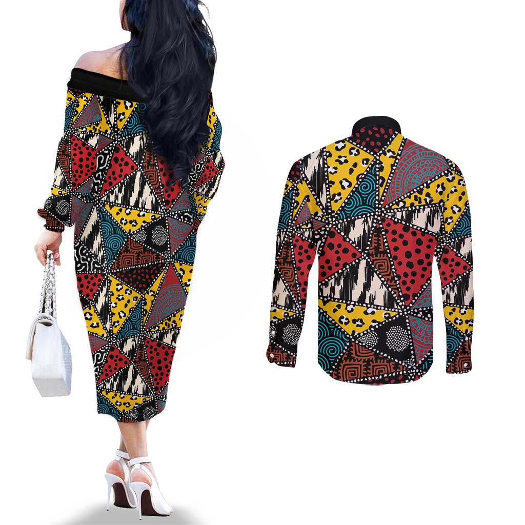 Wild Animal Skins Couples Matching Off The Shoulder Long Sleeve Dress and Long Sleeve Button Shirt Triangles Pattern Afro Pattern Style - Wonder Print Shop