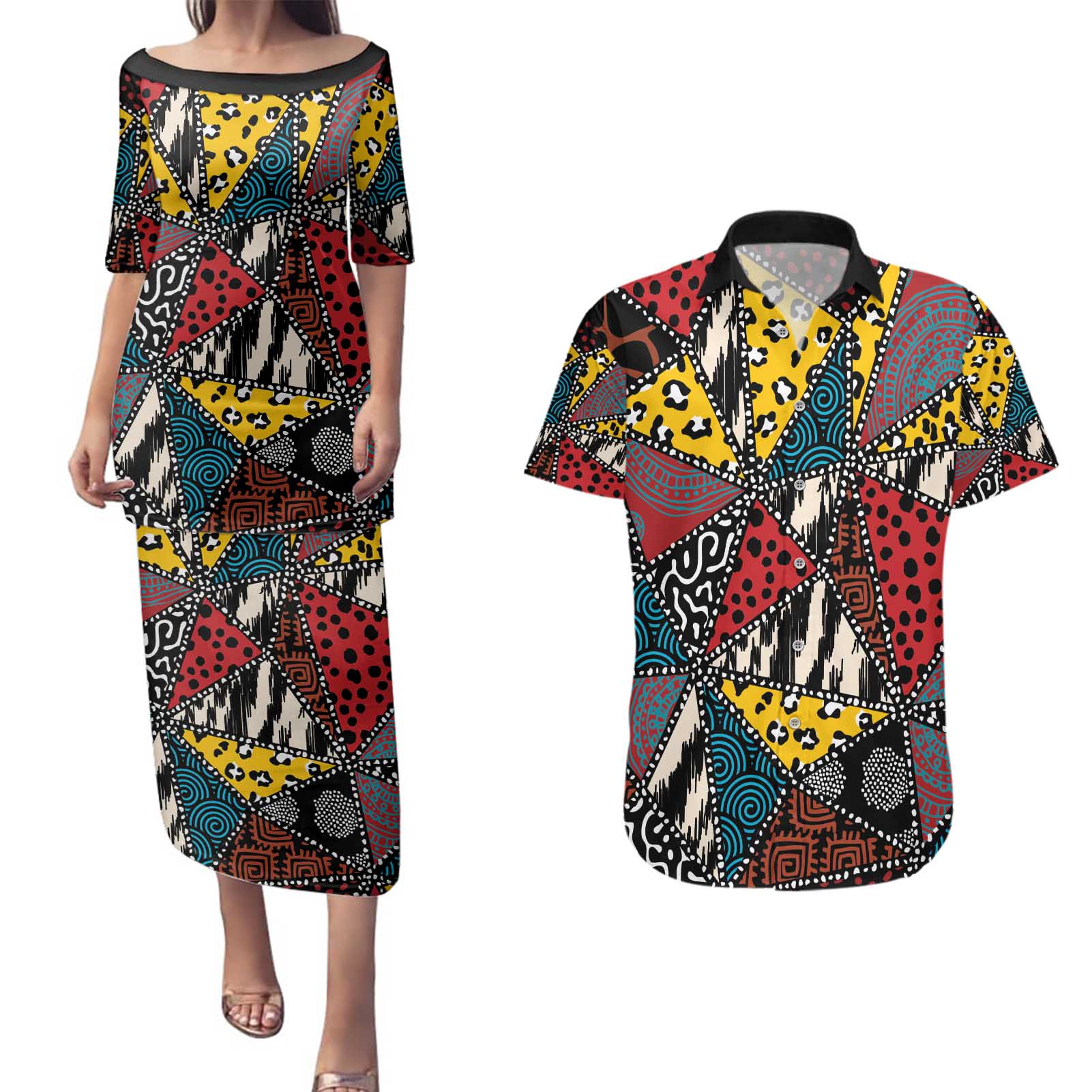 Wild Animal Skins Couples Matching Puletasi and Hawaiian Shirt Triangles Pattern Afro Pattern Style - Wonder Print Shop