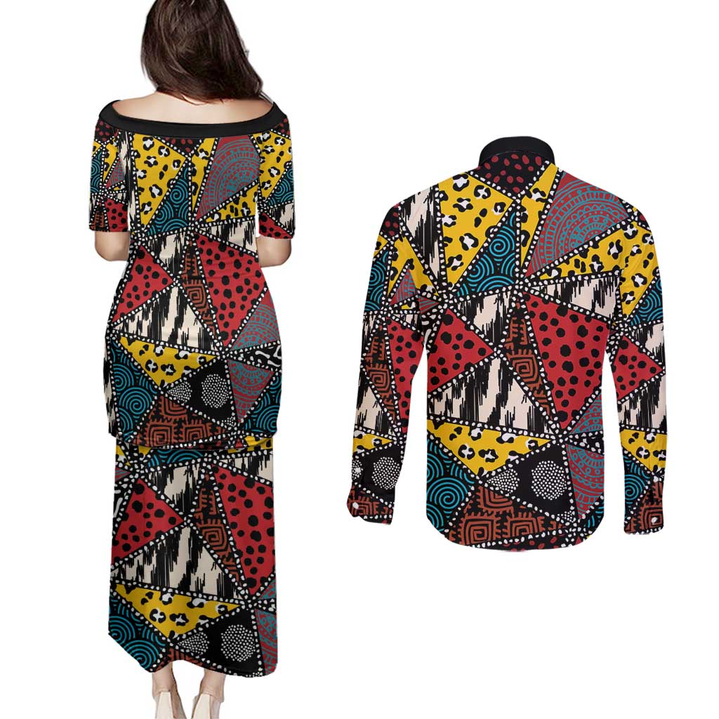 Wild Animal Skins Couples Matching Puletasi and Long Sleeve Button Shirt Triangles Pattern Afro Pattern Style - Wonder Print Shop