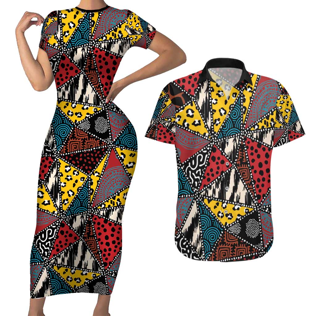 Wild Animal Skins Couples Matching Short Sleeve Bodycon Dress and Hawaiian Shirt Triangles Pattern Afro Pattern Style - Wonder Print Shop