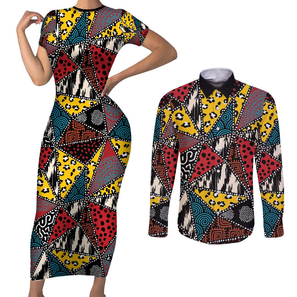 Wild Animal Skins Couples Matching Short Sleeve Bodycon Dress and Long Sleeve Button Shirt Triangles Pattern Afro Pattern Style - Wonder Print Shop