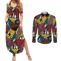 Wild Animal Skins Couples Matching Summer Maxi Dress and Long Sleeve Button Shirt Triangles Pattern Afro Pattern Style - Wonder Print Shop