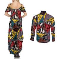 Wild Animal Skins Couples Matching Summer Maxi Dress and Long Sleeve Button Shirt Triangles Pattern Afro Pattern Style - Wonder Print Shop