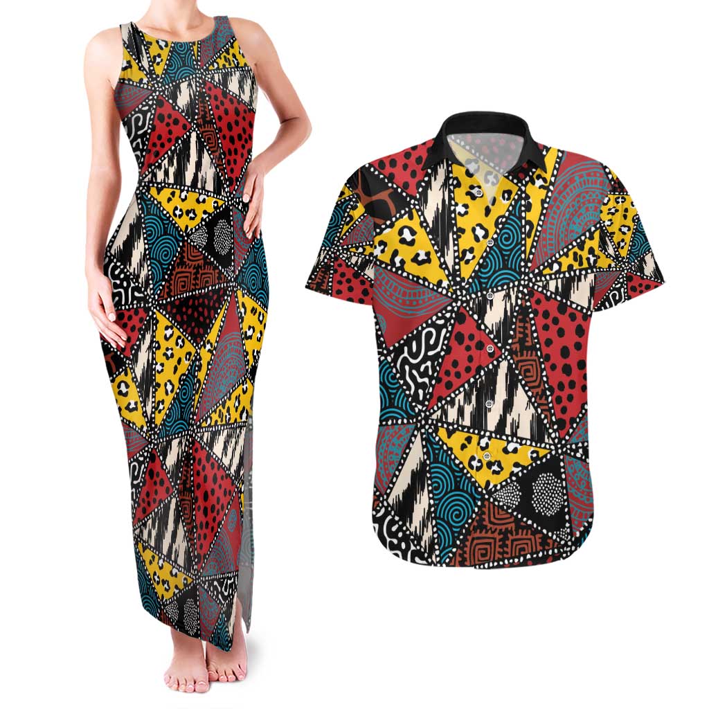 Wild Animal Skins Couples Matching Tank Maxi Dress and Hawaiian Shirt Triangles Pattern Afro Pattern Style - Wonder Print Shop