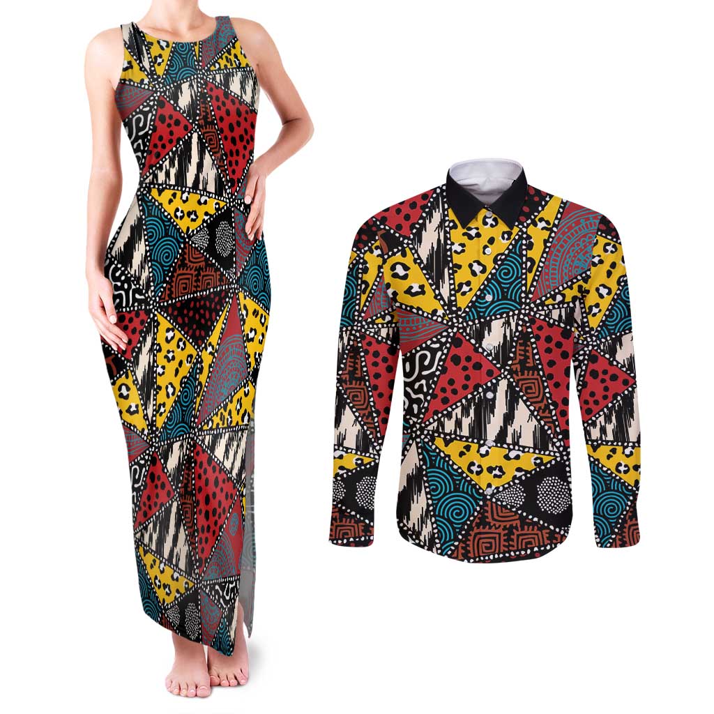 Wild Animal Skins Couples Matching Tank Maxi Dress and Long Sleeve Button Shirt Triangles Pattern Afro Pattern Style - Wonder Print Shop