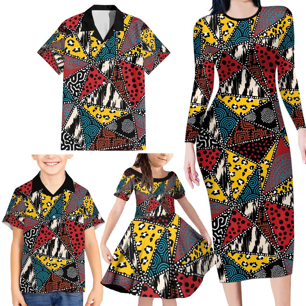 Wild Animal Skins Family Matching Long Sleeve Bodycon Dress and Hawaiian Shirt Triangles Pattern Afro Pattern Style - Wonder Print Shop