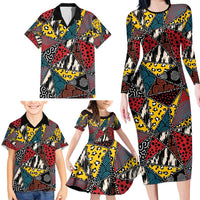 Wild Animal Skins Family Matching Long Sleeve Bodycon Dress and Hawaiian Shirt Triangles Pattern Afro Pattern Style - Wonder Print Shop