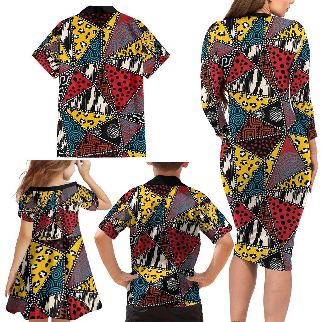 Wild Animal Skins Family Matching Long Sleeve Bodycon Dress and Hawaiian Shirt Triangles Pattern Afro Pattern Style - Wonder Print Shop