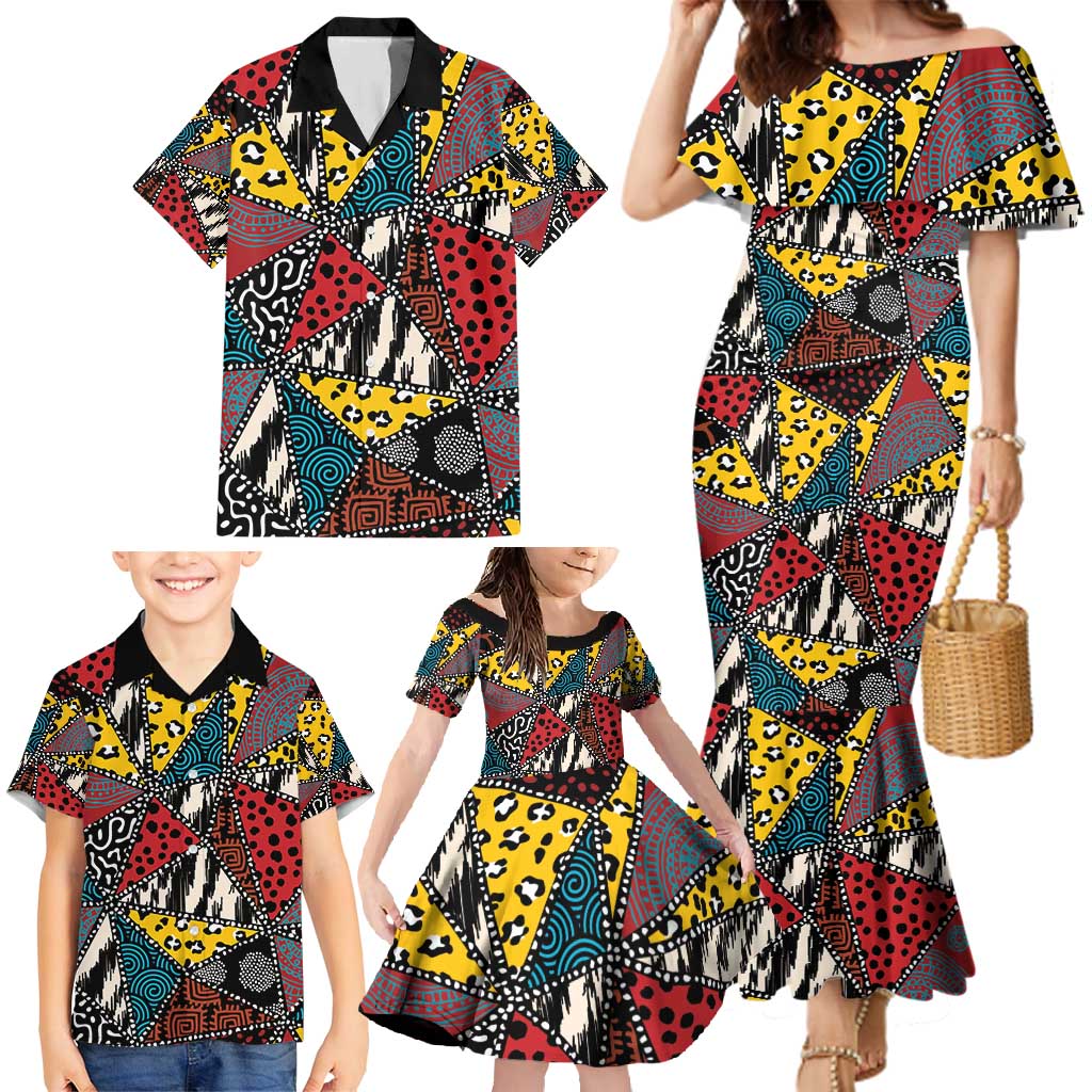 Wild Animal Skins Family Matching Mermaid Dress and Hawaiian Shirt Triangles Pattern Afro Pattern Style - Wonder Print Shop