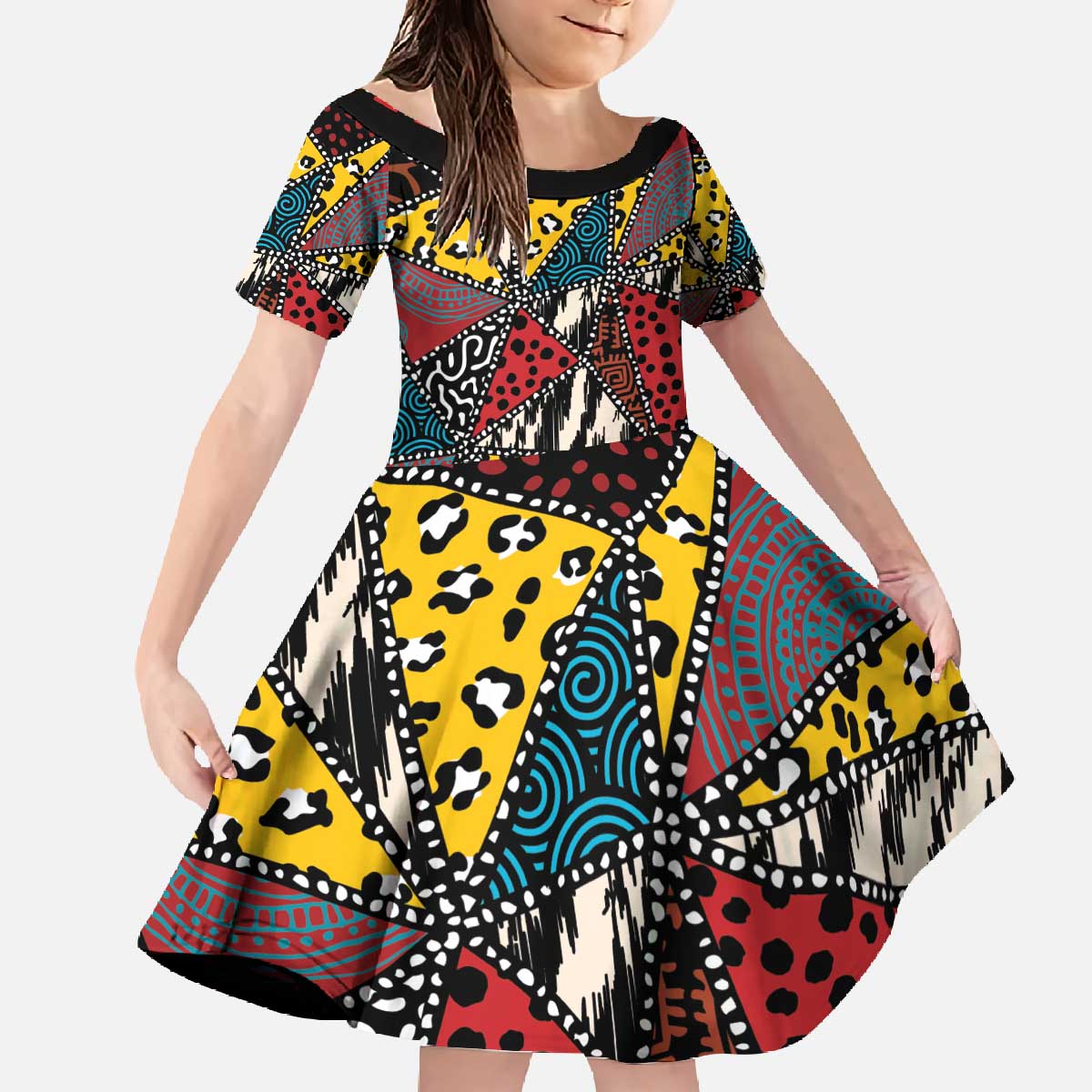 Wild Animal Skins Family Matching Off The Shoulder Long Sleeve Dress and Hawaiian Shirt Triangles Pattern Afro Pattern Style - Wonder Print Shop