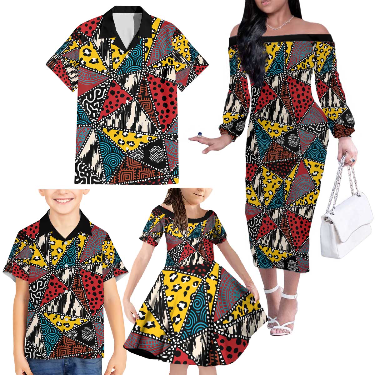 Wild Animal Skins Family Matching Off The Shoulder Long Sleeve Dress and Hawaiian Shirt Triangles Pattern Afro Pattern Style - Wonder Print Shop