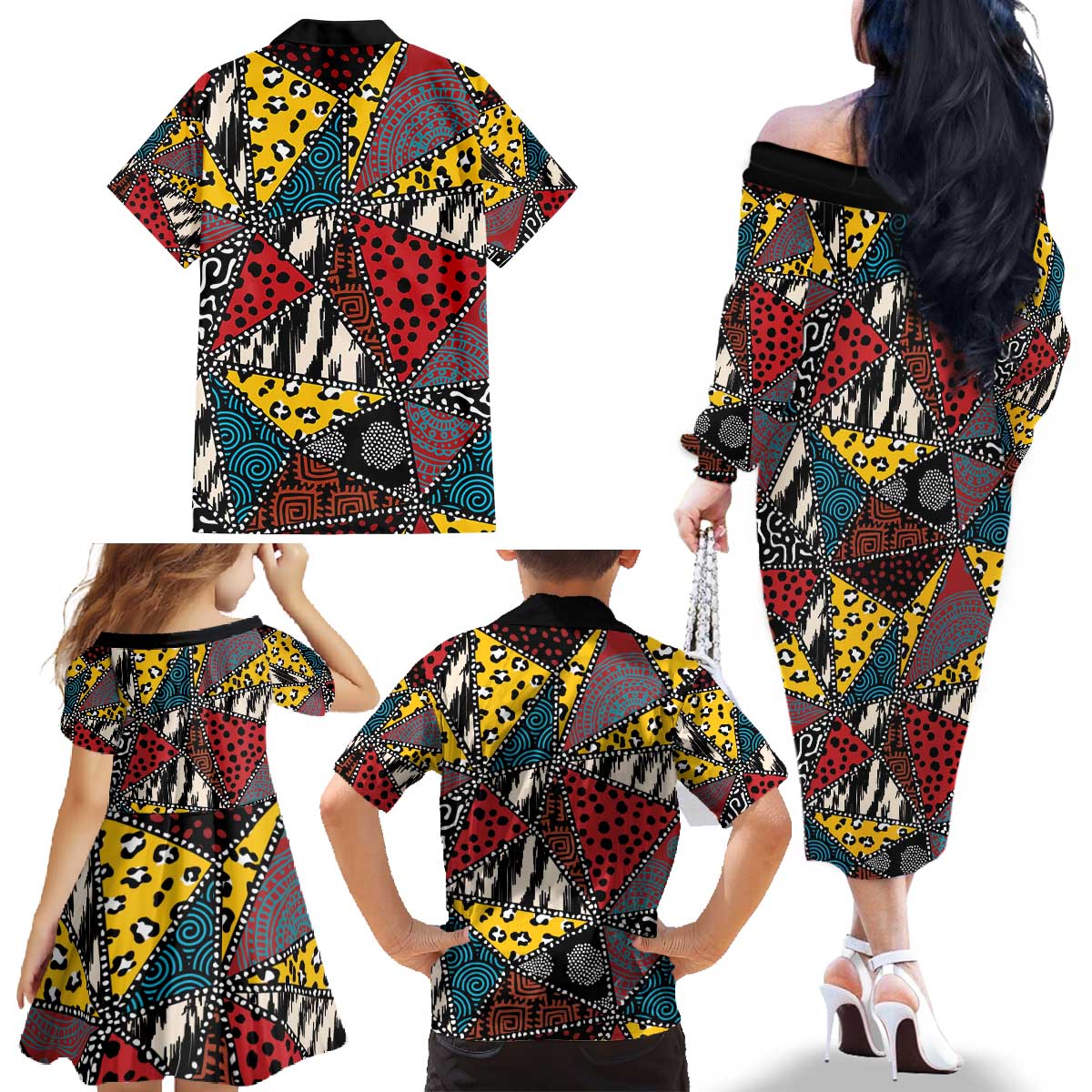 Wild Animal Skins Family Matching Off The Shoulder Long Sleeve Dress and Hawaiian Shirt Triangles Pattern Afro Pattern Style - Wonder Print Shop