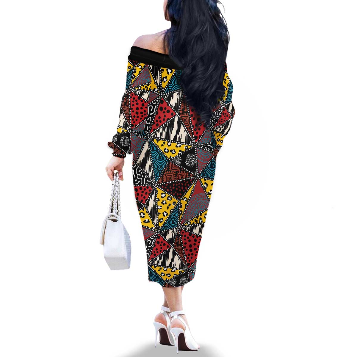 Wild Animal Skins Family Matching Off The Shoulder Long Sleeve Dress and Hawaiian Shirt Triangles Pattern Afro Pattern Style - Wonder Print Shop