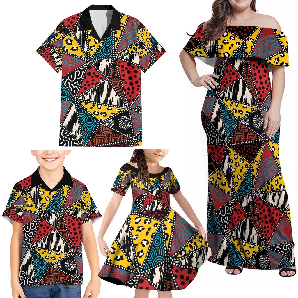 Wild Animal Skins Family Matching Off Shoulder Maxi Dress and Hawaiian Shirt Triangles Pattern Afro Pattern Style - Wonder Print Shop