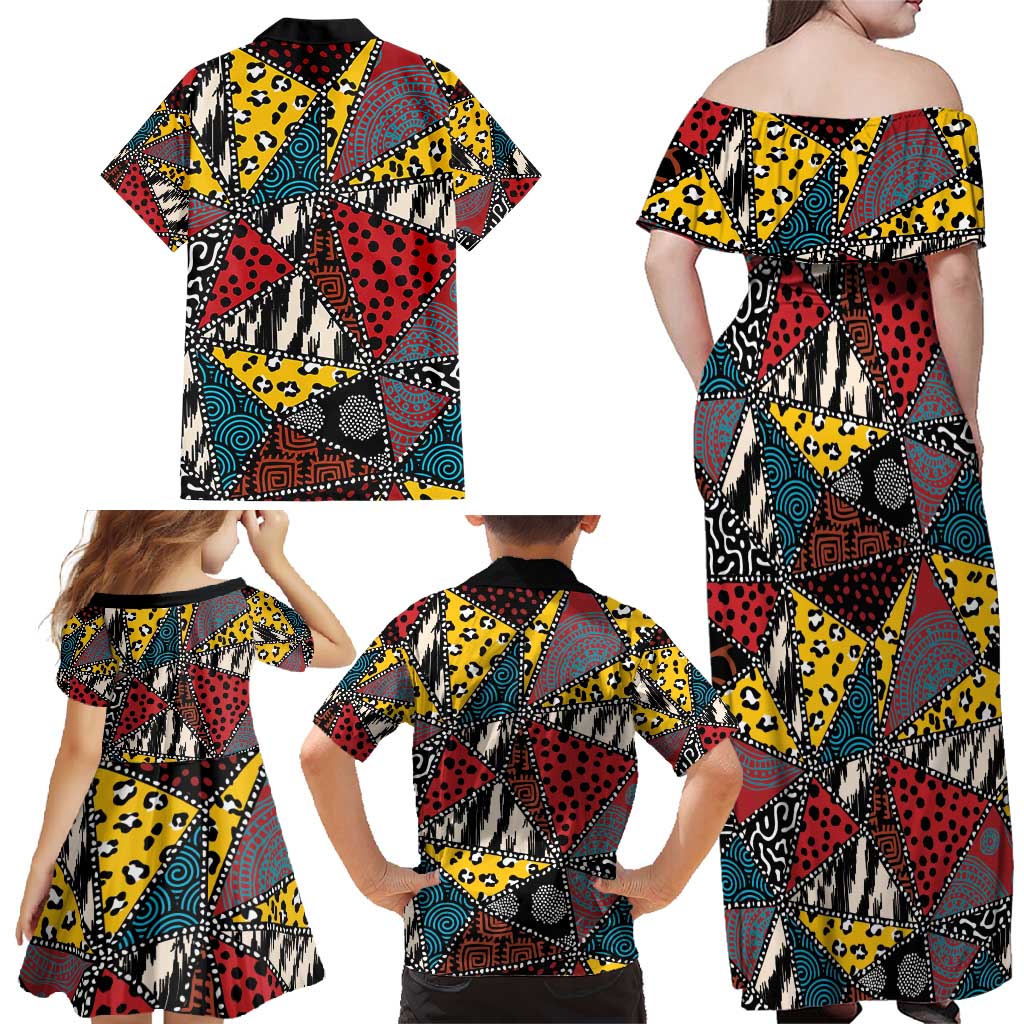 Wild Animal Skins Family Matching Off Shoulder Maxi Dress and Hawaiian Shirt Triangles Pattern Afro Pattern Style - Wonder Print Shop