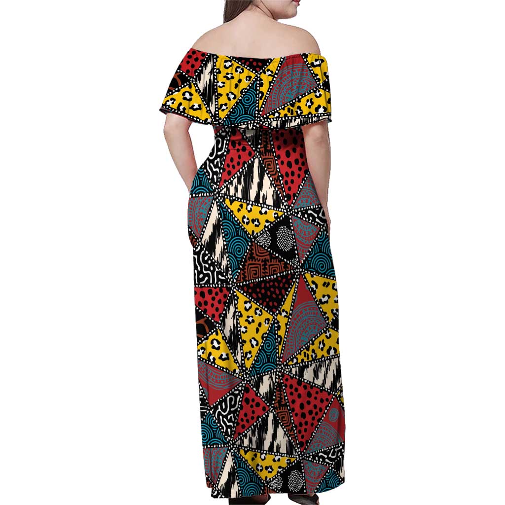 Wild Animal Skins Family Matching Off Shoulder Maxi Dress and Hawaiian Shirt Triangles Pattern Afro Pattern Style - Wonder Print Shop
