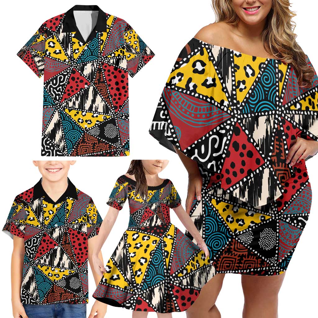 Wild Animal Skins Family Matching Off Shoulder Short Dress and Hawaiian Shirt Triangles Pattern Afro Pattern Style - Wonder Print Shop