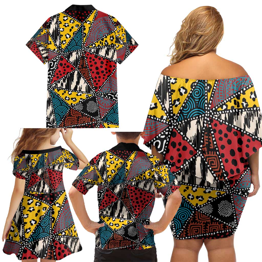 Wild Animal Skins Family Matching Off Shoulder Short Dress and Hawaiian Shirt Triangles Pattern Afro Pattern Style - Wonder Print Shop