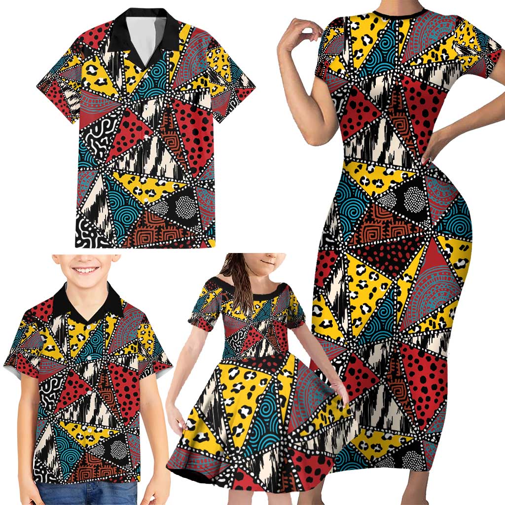 Wild Animal Skins Family Matching Short Sleeve Bodycon Dress and Hawaiian Shirt Triangles Pattern Afro Pattern Style - Wonder Print Shop