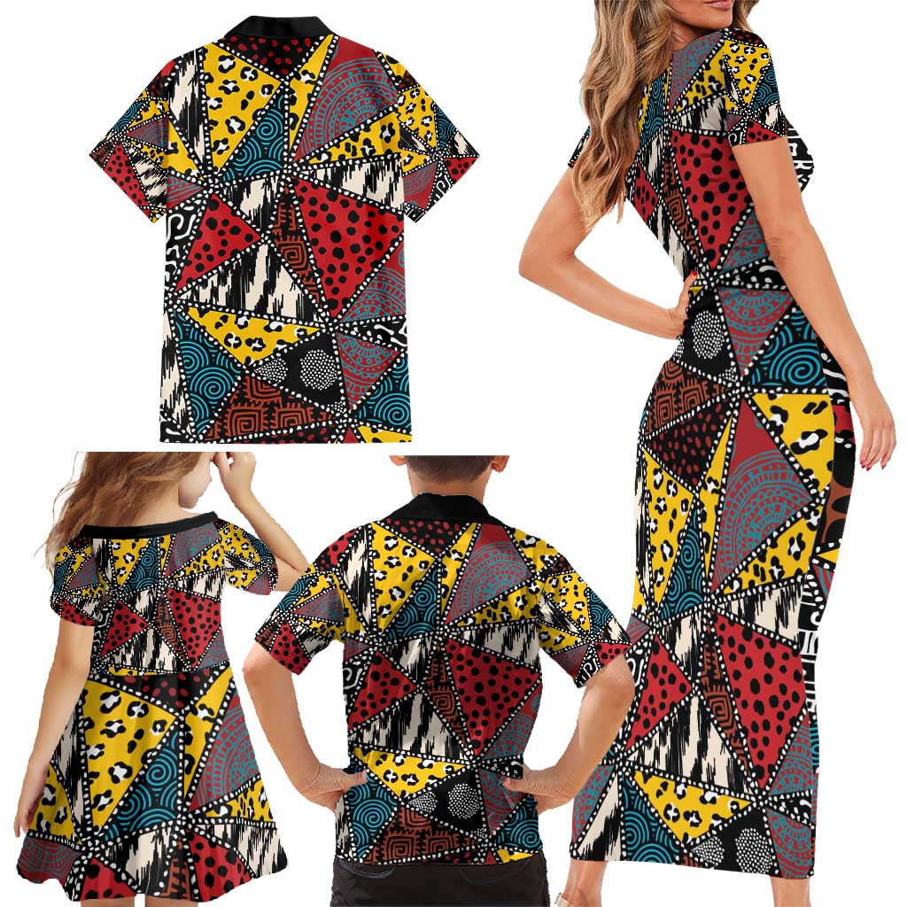 Wild Animal Skins Family Matching Short Sleeve Bodycon Dress and Hawaiian Shirt Triangles Pattern Afro Pattern Style - Wonder Print Shop