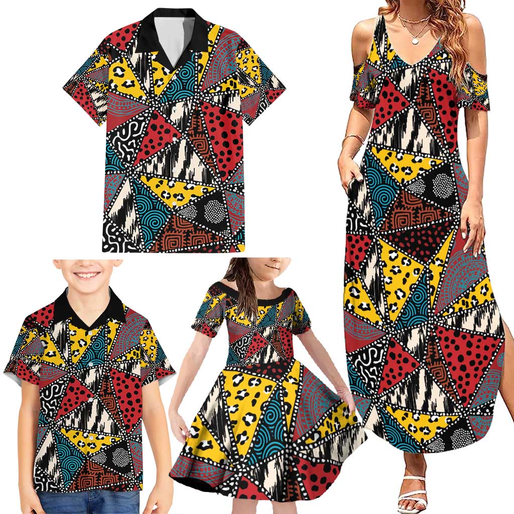 Wild Animal Skins Family Matching Summer Maxi Dress and Hawaiian Shirt Triangles Pattern Afro Pattern Style - Wonder Print Shop