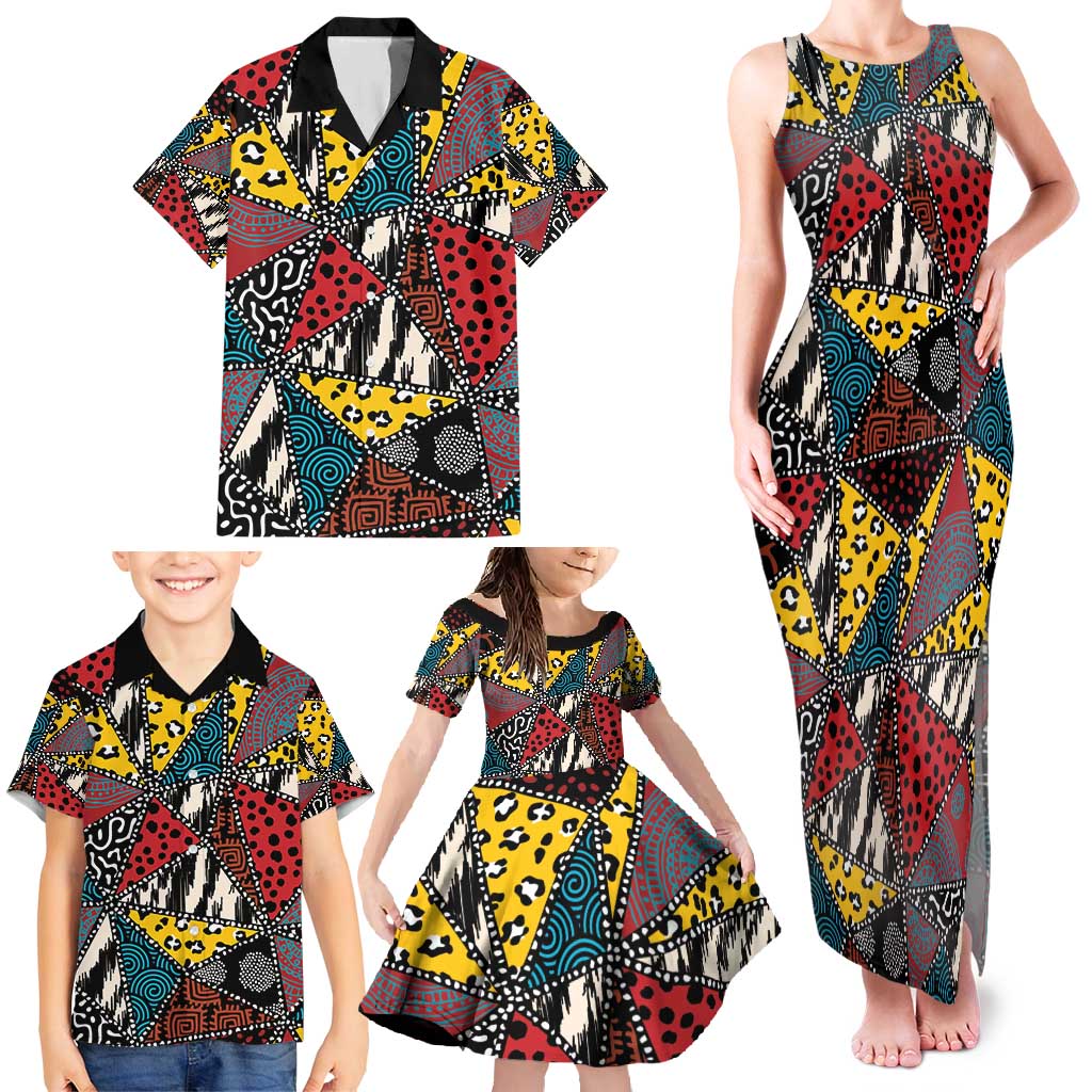Wild Animal Skins Family Matching Tank Maxi Dress and Hawaiian Shirt Triangles Pattern Afro Pattern Style - Wonder Print Shop