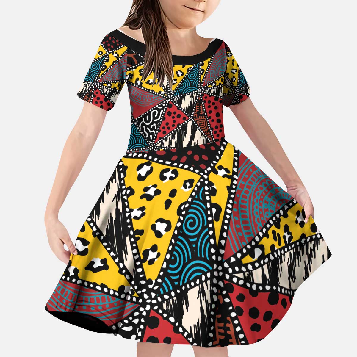 Wild Animal Skins Kid Short Sleeve Dress Triangles Pattern Afro Pattern Style - Wonder Print Shop
