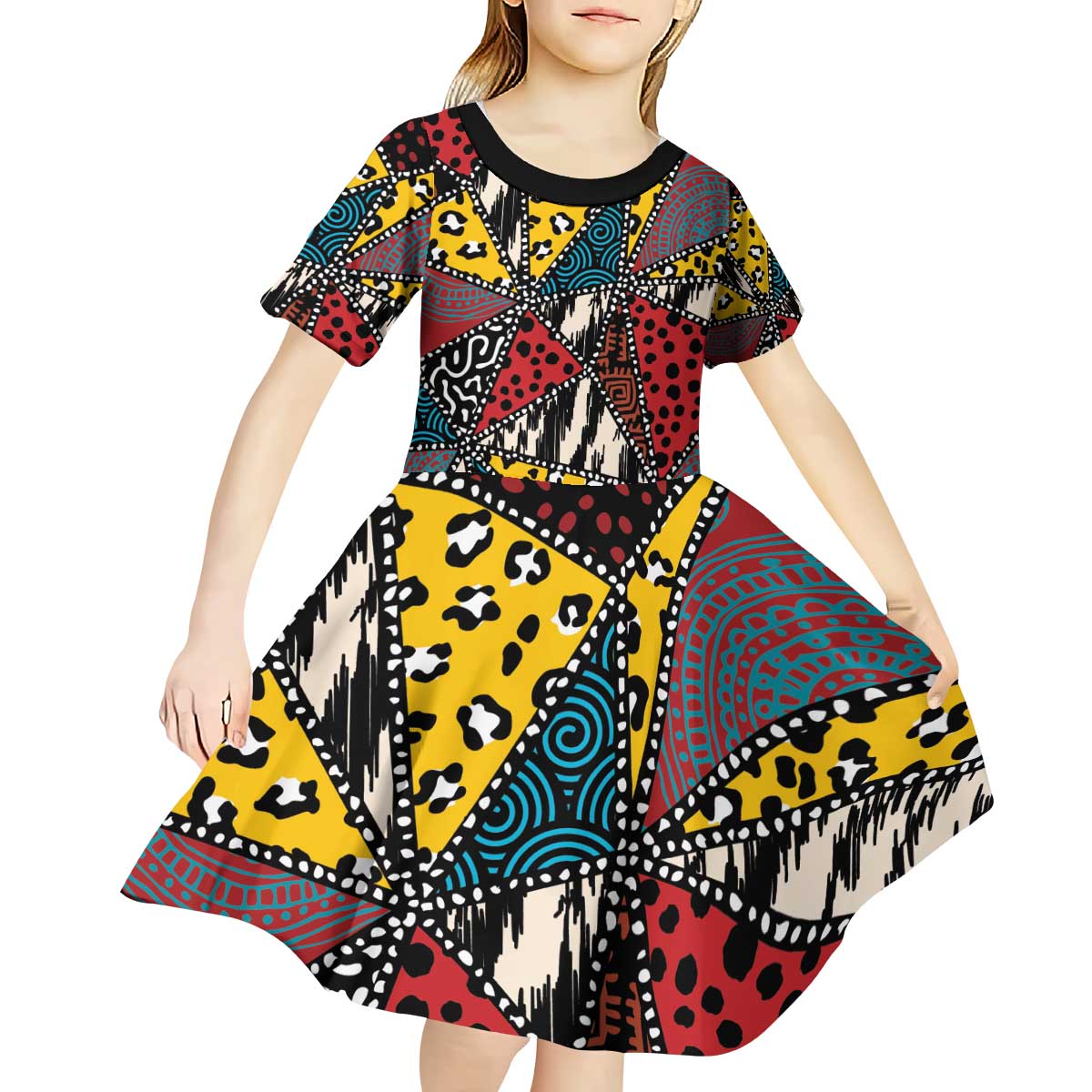Wild Animal Skins Kid Short Sleeve Dress Triangles Pattern Afro Pattern Style - Wonder Print Shop