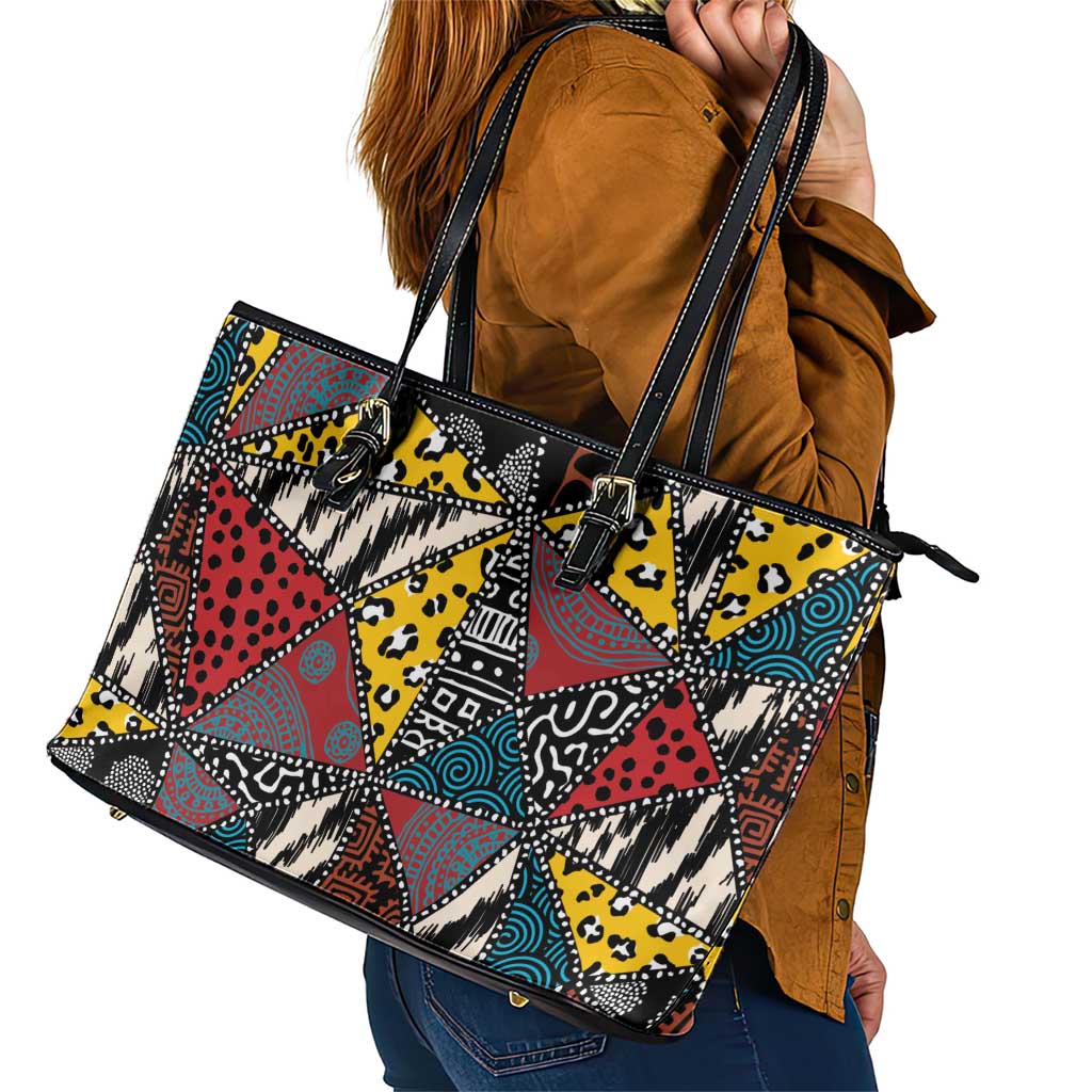 Wild Animal Skins Leather Tote Bag Triangles Pattern Afro Pattern Style - Wonder Print Shop