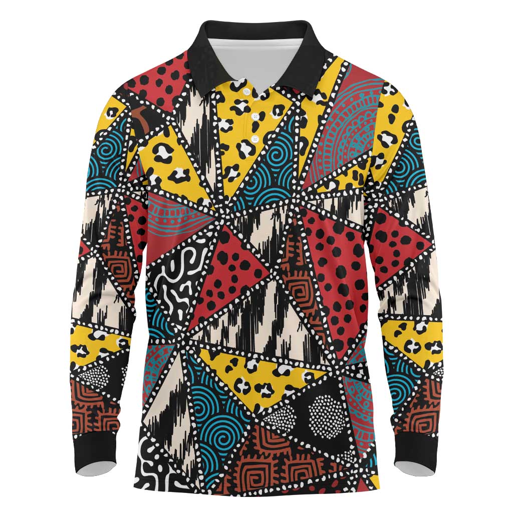 Wild Animal Skins Long Sleeve Polo Shirt Triangles Pattern Afro Pattern Style - Wonder Print Shop