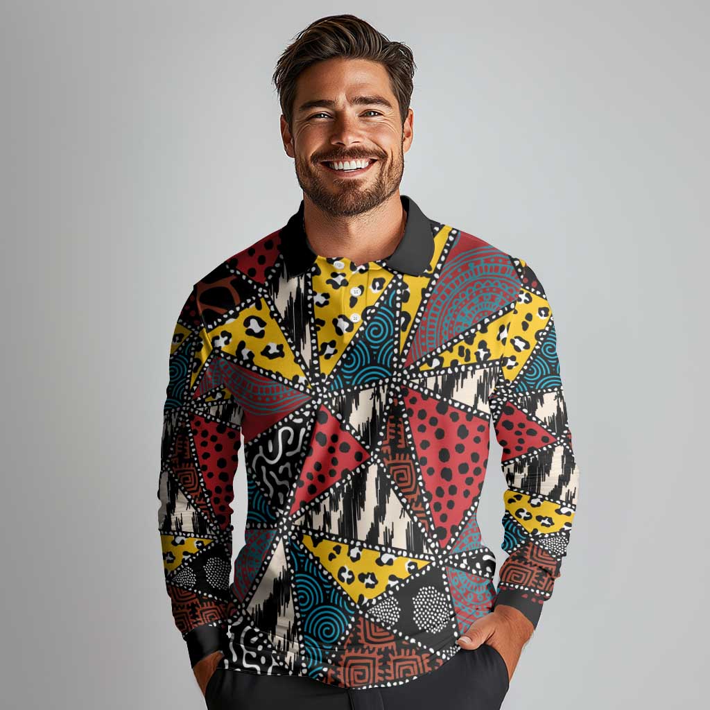 Wild Animal Skins Long Sleeve Polo Shirt Triangles Pattern Afro Pattern Style - Wonder Print Shop