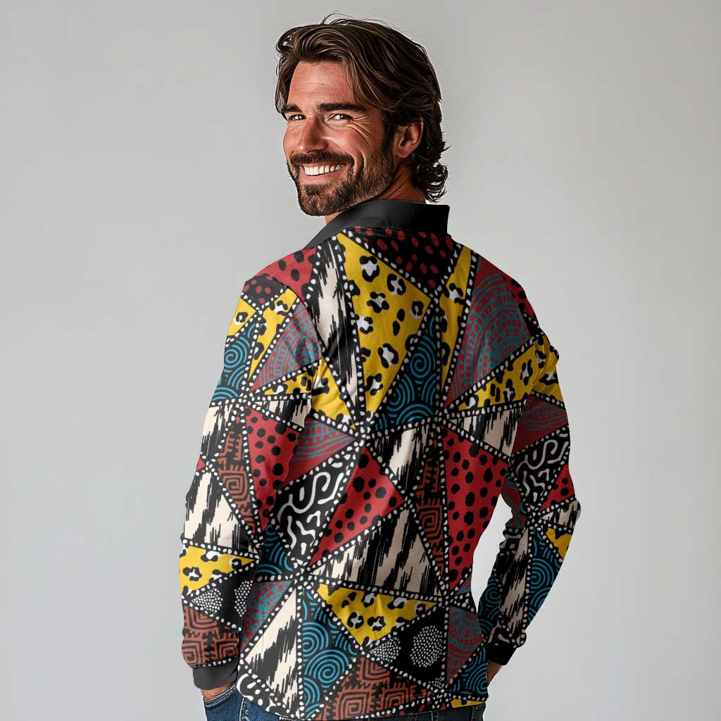 Wild Animal Skins Long Sleeve Polo Shirt Triangles Pattern Afro Pattern Style - Wonder Print Shop