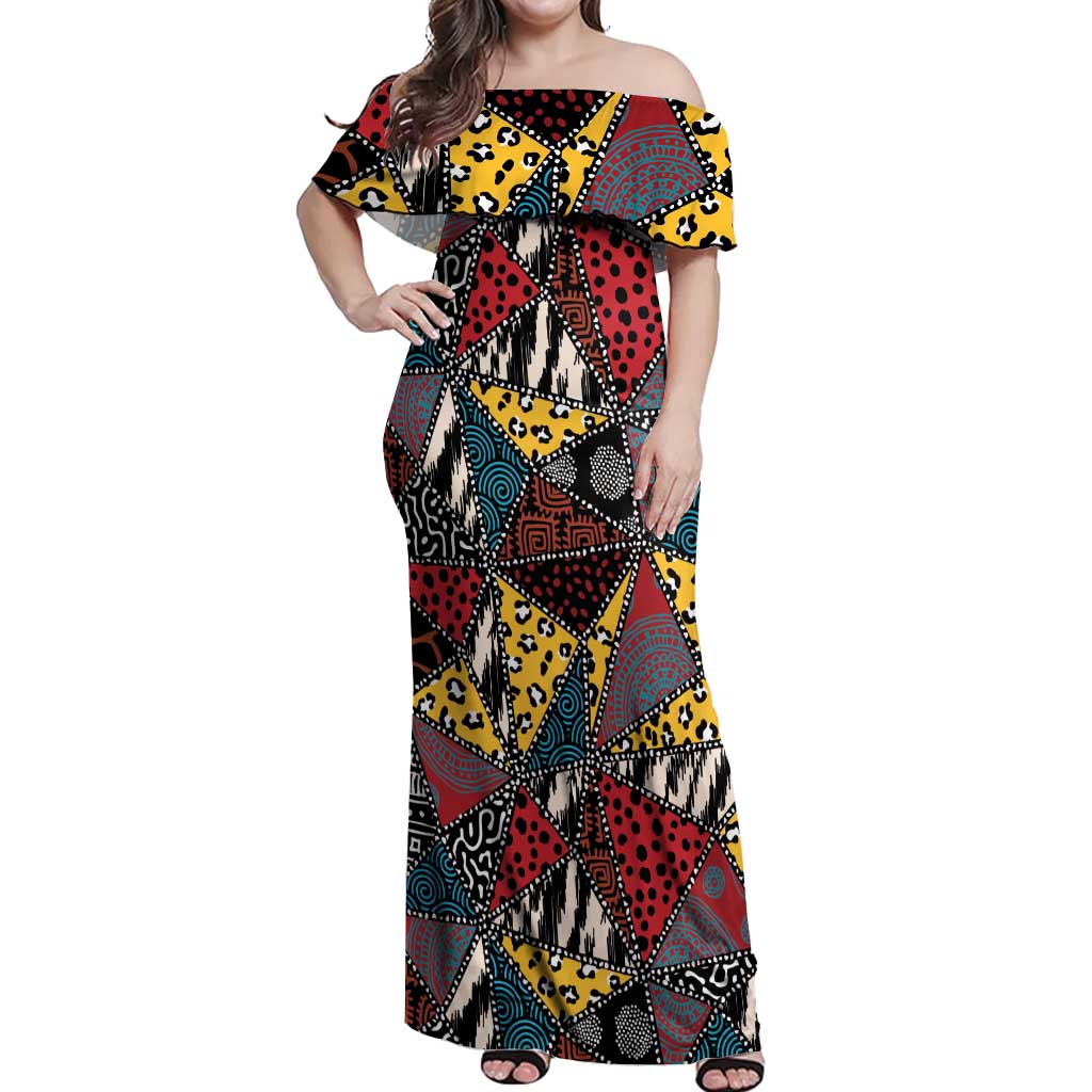 Wild Animal Skins Off Shoulder Maxi Dress Triangles Pattern Afro Pattern Style - Wonder Print Shop