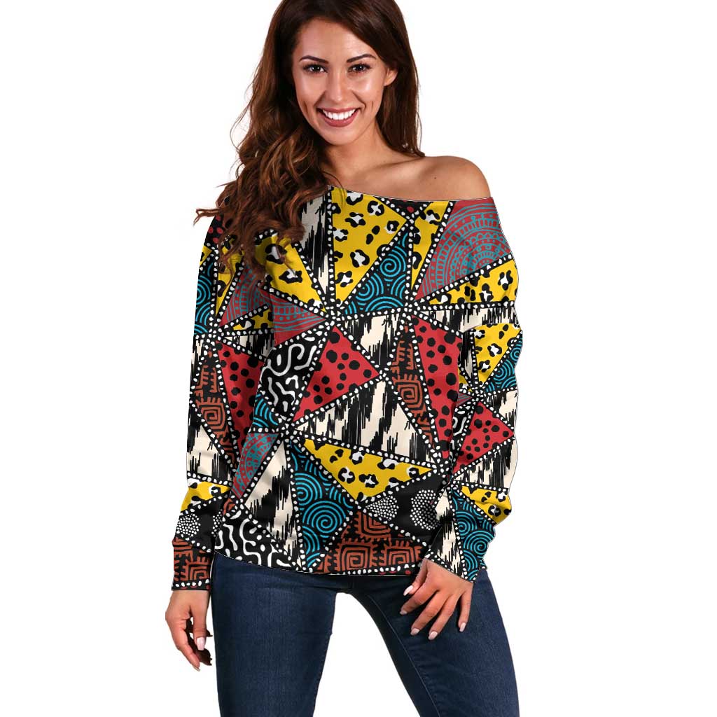 Wild Animal Skins Off Shoulder Sweater Triangles Pattern Afro Pattern Style - Wonder Print Shop