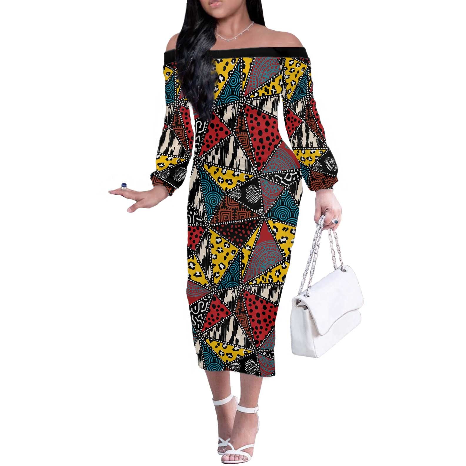 Wild Animal Skins Off The Shoulder Long Sleeve Dress Triangles Pattern Afro Pattern Style - Wonder Print Shop