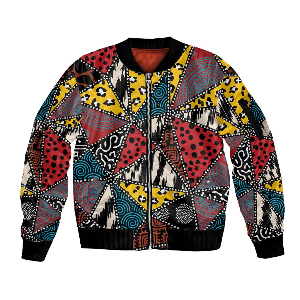 Wild Animal Skins Sleeve Zip Bomber Jacket Triangles Pattern Afro Pattern Style - Wonder Print Shop