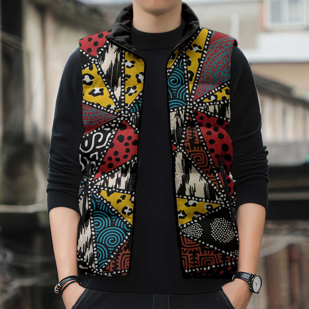 Wild Animal Skins Sleeveless Puffer Jacket Triangles Pattern Afro Pattern Style - Wonder Print Shop