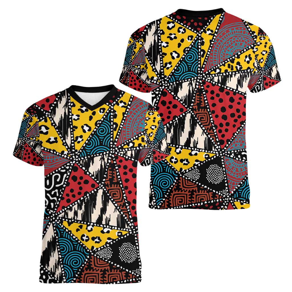 Wild Animal Skins Women V-Neck T-Shirt Triangles Pattern Afro Pattern Style - Wonder Print Shop