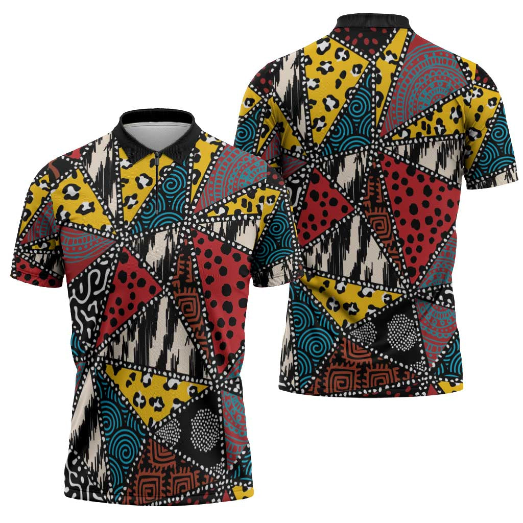 Wild Animal Skins Zipper Polo Shirt Triangles Pattern Afro Pattern Style - Wonder Print Shop