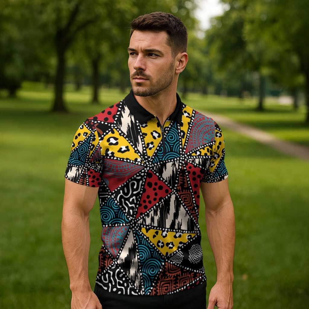 Wild Animal Skins Zipper Polo Shirt Triangles Pattern Afro Pattern Style - Wonder Print Shop