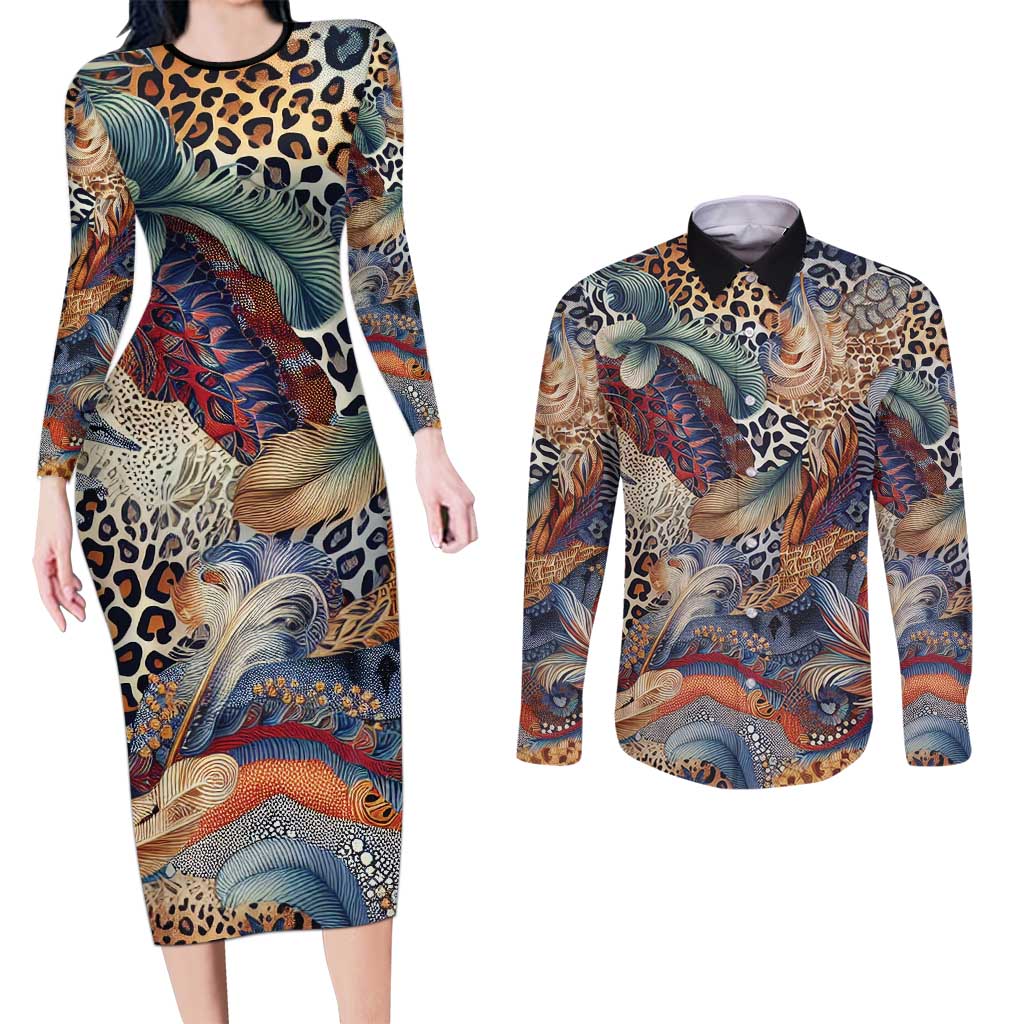 Wild Animal Skins Couples Matching Long Sleeve Bodycon Dress and Long Sleeve Button Shirt Unique Leopard Zebra And Snake Patterns - Wonder Print Shop